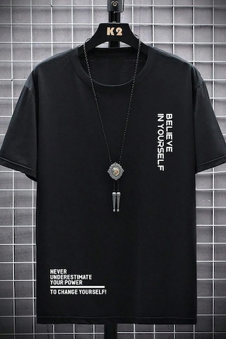 Erkek Belive İn Yourself Baskılı Oversize Tshirt Siyah