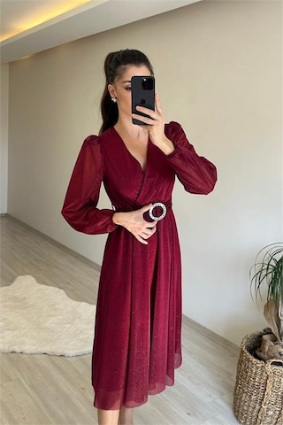 Neşeli Butik Kadın Kruvaze Yaka Tokalı Midi Boy Işıltılı Elbise Nm009 Bordo