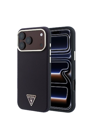 Apple iPhone Uyumlu 18 Pro Kılıf Guess Lisanslı M-safeli Pu Metal Üçgen Logolu Karbon Fiber Kevlar Kapak Bordo