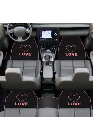 Kalp Ve Aşk Desenli Pembe Nakışlı 5'li Oto Halı Paspas Seti Love Yazı Detaylı Araba Paspas Takımı