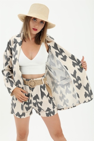 Kemerli Desenli Oversize Blazer Ceket - Siyah-siyah Siyah