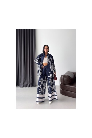 Wellway İthal Chokellaa Kumaş Çiçekli Tunik Gömlek & Pantolon 2li Takım-lacivert -26126 Lacivert