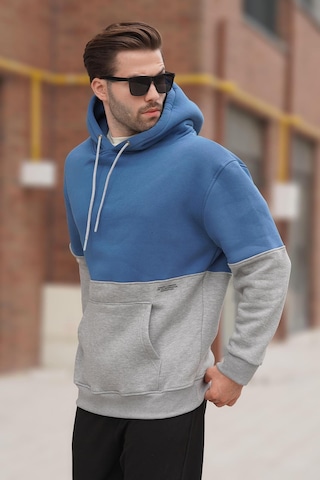 Madmext İndigo Kapüşonlu Renk Bloklu Baskı Detaylı Erkek Sweatshirt 7046 Mavi