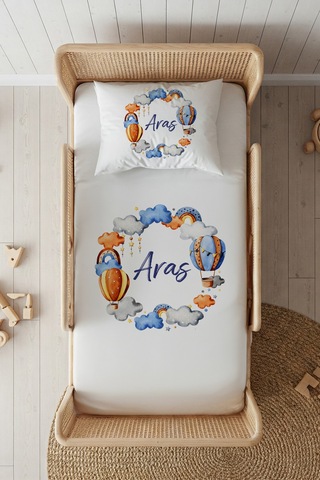 %100 Pamuk Saten İsme Özel İsimli 100x200 Tek Kişilik Lastikli Çarşaf Seti Balon Beyaz