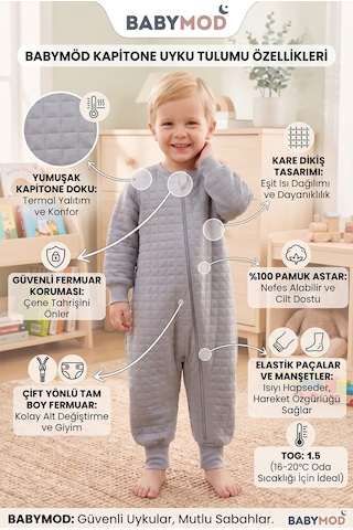 Babymod Mevsimlik Kapitone 1.5 Tog Çocuk Uyku Tulumu Uyku Gurusu %100 Pamuk Kumaş Gri