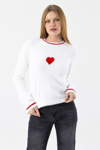 Giysa Kadın Bisiklet Yaka Kalp Detaylı Triko Kazak Beyaz - 2358 Beyaz