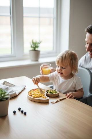 Ördek Figürlü Bambu Bebek Mama Seti Bölmeli Tabak + Kaşık Çatal Seti Bej