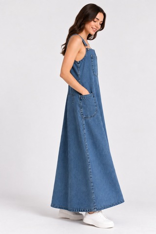 Bul-al Kadın Uzun Denim Jile Elbise Askılı Cepli Jean Elbise Mavi