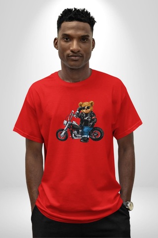 Kask Güneş Gözlüğü Motor Ayı Pamuklu Bisiklet Yaka Unisex Oversize Boyfriend Dijital Baskılı Kırmızı T-shirt Kırmızı