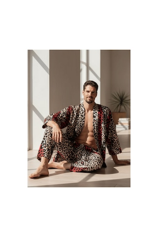 Qmen Style Erkek Kimono Takımı Leopar Desen 3 Lü Viskon Set Bornoz + Pantolon + Şort Bordo