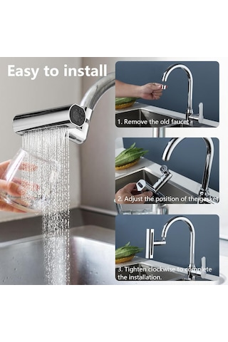 Fusty 360 Derece Döner Şelale Musluk Başlığı - 4 Fonksiyonlu Gümüş
