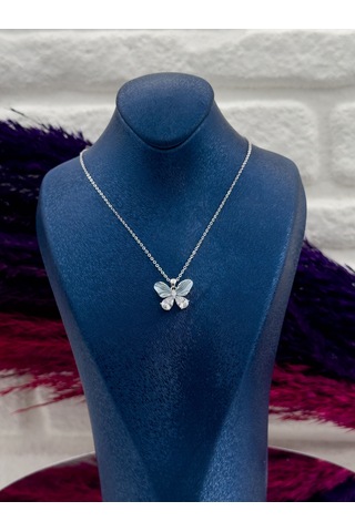 925 Ayar Gümüş Mineli Tasarım Kelebek Modeli Lüks Kadın Kolye Gümüş