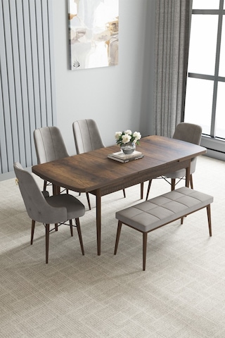 Loft Barok Desen 80x132 Açılabilir Mdf Masa Yemek Odası Takımı, Mutfak Takımı 4 Sandalye, 1 Bench Gri