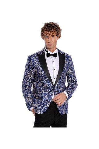 Wessi Işıltılı Sarmaşık Desenli Slim Fit Mavi Erkek Smokin Ceket Mavi