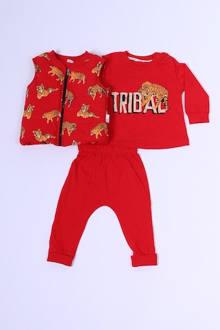 Erkek Bebek 3 Lü Takım 3 İplik Yelekli Kaplan Baskılı Fermuarlı C57 Kırmızı