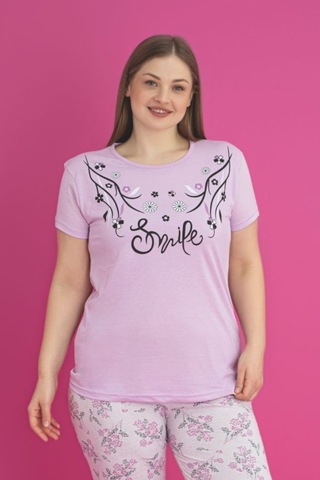 X-dreamy Büyük Beden Pamuklu Çiçekli Kısa Kollu Pijama Takımı Lila