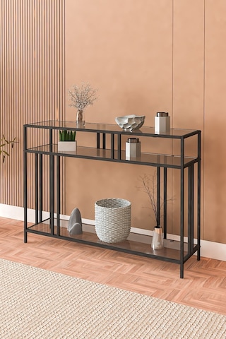 Venedik 100cm Dresuar Kahve Köşesi Dekoratif Raflı Konsol Füme Camlı Siyah