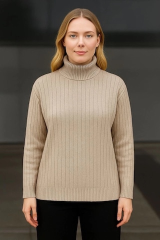 Balıkcı Yaka Bağazlı Triko Kazak Pamuklu Kalın Fitilli Dokuma - Bej Bej