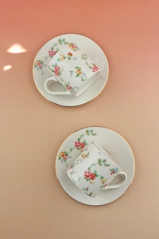 Mine Çiçeği Altın Yaldızlı İki Kişilik Kahve Fincan Takımı Beyaz