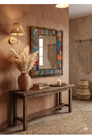 El Yapımı Deniz Temalı Dekoratif Ayna Seramik Çerçeveli, Rustik & Bohem Duvar Aynası Banyo, Antre, Salon 74x51cm Ahşap