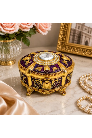 Kristal Taşlı Oval Mücevher Kutusu Kadife İç Kaplamalı Gold İşlemeli Takı Kutusu Dekoratif Saklama Kutusu Mor