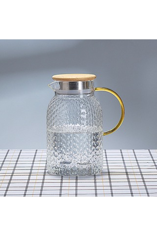 Hangfox 1.4l Büyük Kapasiteli Cam Soğuk Su Potu, Dayanıklı Borosilikat, Pirinç Desenli, Bambu Ve Çelik Kapaklı, Ev Kullanıma Uygun Çok Renkli