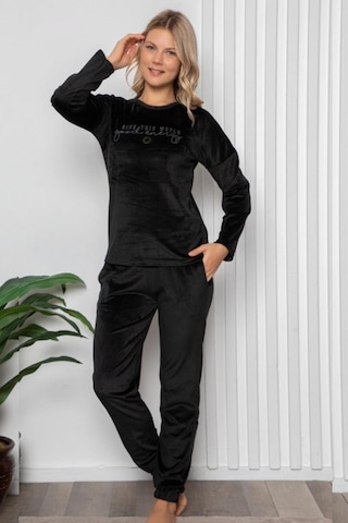 Luxury Velvet Fransız Kadife Yazı Detaylı Pijama Takımı Siyah
