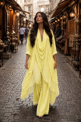Bohem Stil Italyan Ipek Detaylı Oversize Kap Bluz- Wes Pantolon Takım Sarı