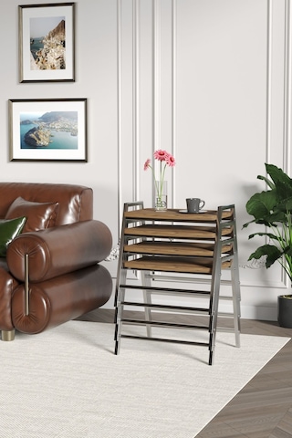 Zigon Sehpa , Aden 4'lü Tepsi Zigon Sehpa Takımı Gümüş Metal - Atlantik Çam Tabla Gümüş-atlantik Çam