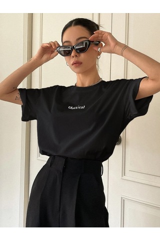 Kadın Siyah Oversize Classical Baskılı Örme T-shirt Siyah