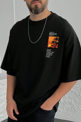 Erkek Beach Baskılı Oversize Tshirt Siyah
