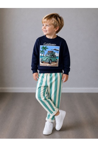 California Nostaljik Araba Baskılı Lacivert Sweatshirt&eşofman Takımı Erkek Çocuk Mint Yeşili
