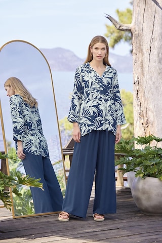 Monamise Kadın Yaprak Desenli Uzun Kollu Gömlek Yaka Alt Üst Takım 25016 Lacivert