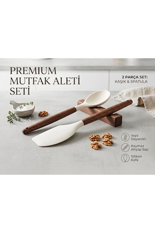 Mutfak Gurmesi - 2'li Premium Silikon Ve Akasya Ahşap Mutfak Gereçleri Seti / Isıya Dayanıklı Spatula Ve Servis Ka Diğer