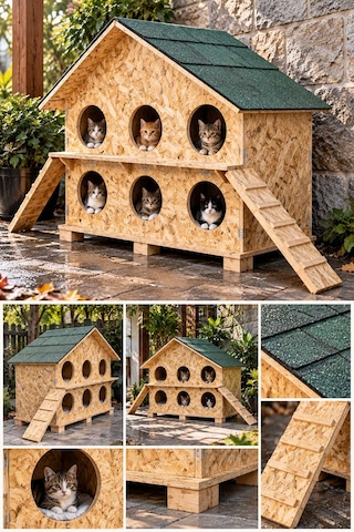 Reyo 6 Bölmeli Kedi Evi Dış Ortam Uygun Ahşap Kedi Barınağı Yetişkin Kedi Evi Su Yalıtımlı Rüzgar ve Soğuğa Dayanıklı OSB 100 x 95 x 50 CM MLD0CAT27