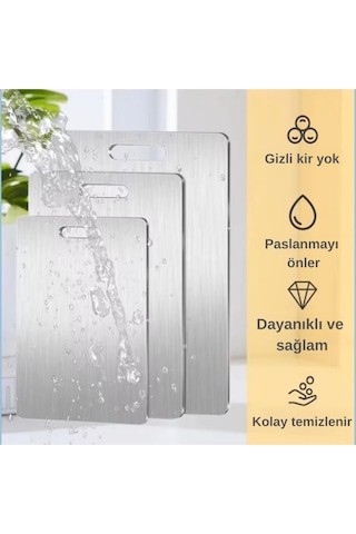 Paslanmaz Çelik Kesme Tahtası - 3 Lü Set Üst Kalite Antibakteriyel Kesme Tahtası Metalik