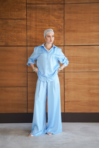 Verymoda Yüksek Bel Bol Paça Saten Pantolon Şık Ve Rahat Tasarım F2052 Mavi