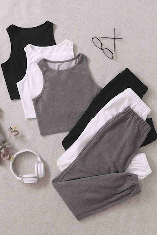 Merry See Tek Renk 1 Takım Kolsuz Polarlı Alt Üst Pijama Takımı Gri 001