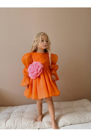 Linola Baby Kids Rose Oranj Şifon Kız Çocuk Parti Elbisesi Turuncu