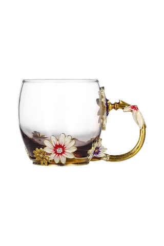 Monyee 320ml Kahve Rengi Porselen Çiçek Desenli Bardak + Kaşık + Temizleme Bezi Seti - Isı Dayanıklı Çay/kahve Bardakları - Ev Dekorasyonu Paket Kahve