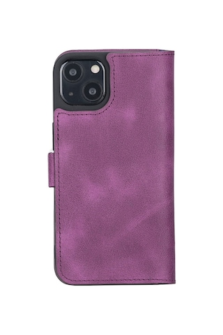 Apple Uyumlu iPhone 13 Deri Cüzdanlı Kılıf Rustik Mor