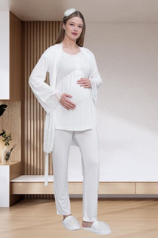 Mecit Pijama Mecit 6203 Bayan Ekru Sabahlıklı Hamile Lohusa Pijama Takımı