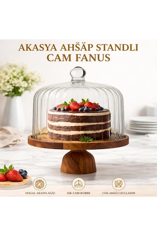 Homes Akasya Ahşap Standlı Cam Fanus Ayaklı Kek Ve Pasta Sunum Standı, Ahşap Servis Tabağı Ve Cam Kapaklı Ca Diğer
