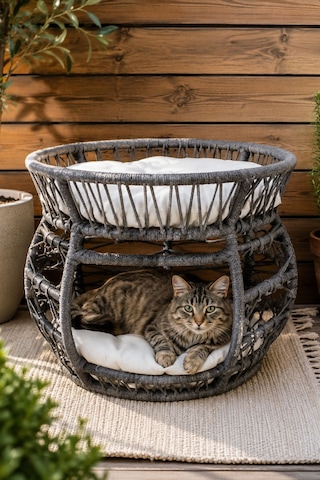 Reyo Pet Lüxperi Bombeli Kedi Ranzası 2 Katlı Kedi Yatağı Gri