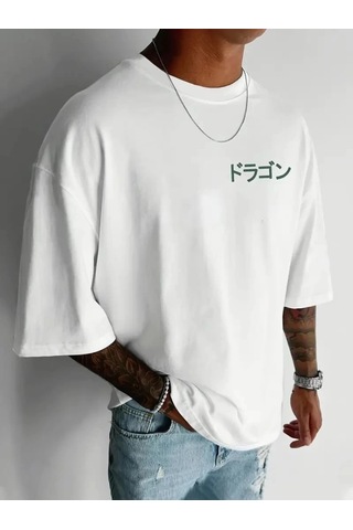 Valensdesign Baskılı Oversize Bisiklet Yaka T-shirt - Beyaz