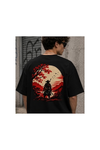 Qmen Style Unisex Siyah Oversize Baskılı T-shirt Japon %100 Pamuk