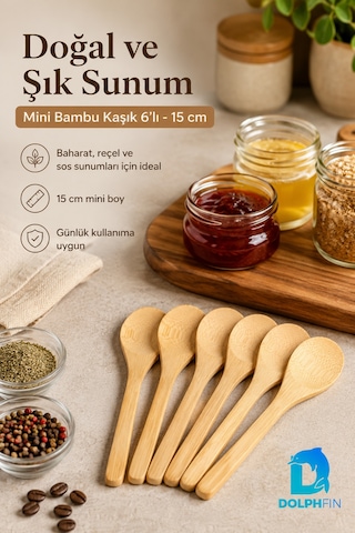 Mini Bambu Kaşık 6 Lı Set 15 Cm Doğal Bambu Tatlı Reçel Bal Baharat Sunum Kaşığı 16 Cm