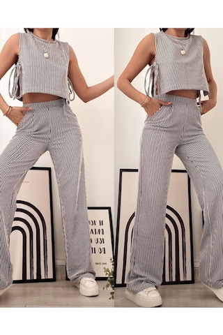 Hgfashion Siyah Çizgili Yandan Bağlamalı Sıfır Kol Crop Pantolon Kadın Alt-üst Takımı Siyah Beyaz