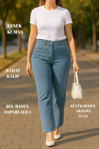 Cedy Denim Cedy Denım - Kadın Büyük Benden Boru Paça Yüksek Bel Regular Fit Likralı Pantolon C626 Açık Mavi
