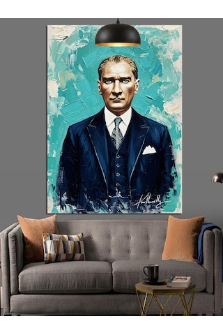 Mavi Fonlu Mustafa Kemal Atatürk Portresi Dekoratif Kanvas - Mdf Ahşap Tablo